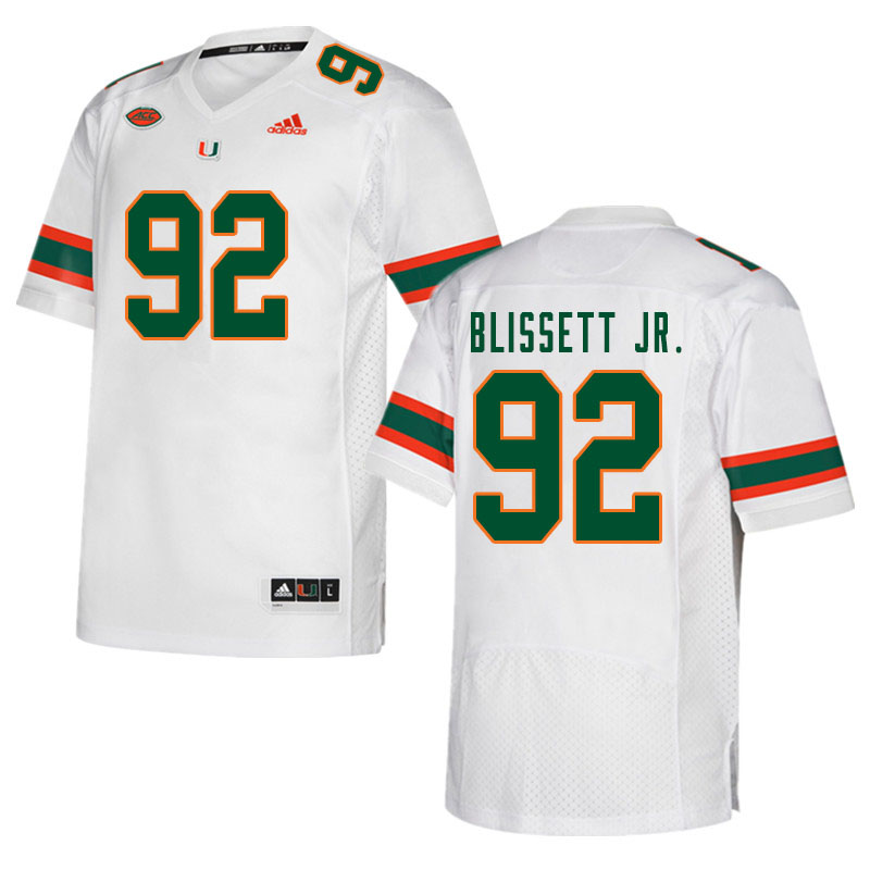 Men #92 Jason Blissett Jr. Miami Hurricanes College Football Jerseys Sale-White - Click Image to Close